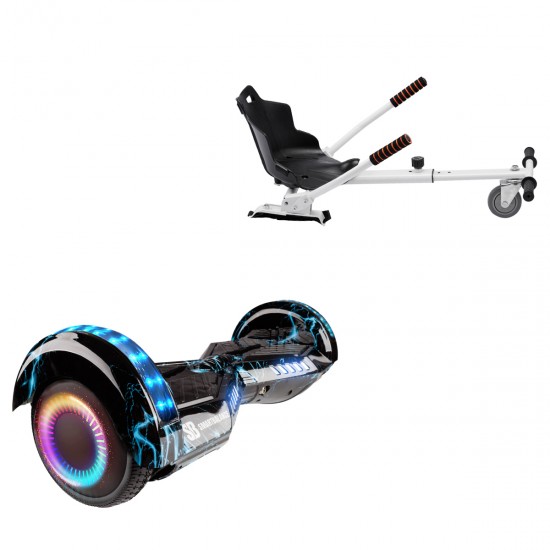 Pachet Hoverboard 6.5 inch cu Scaun Standard, Transformers Thunderstorm Blue PRO, Autonomie Standard si Hoverkart Ergonomic Alb, Smart Balance