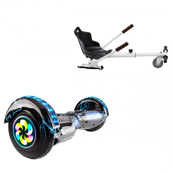 Pachet Hoverboard 8 inch cu Scaun Standard, Transformers Thunderstorm Blue PRO, Autonomie Standard si Hoverkart Ergonomic Alb, Smart Balance
