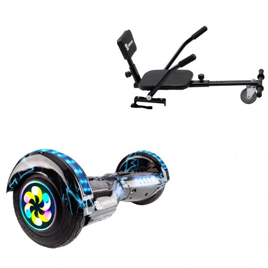 Pachet Hoverboard 8 inch cu Scaun Confort, Transformers Thunderstorm Blue PRO, Autonomie Extinsa si Hoverkart cu Burete Negru, Smart Balance