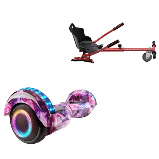 Pachet Hoverboard 6.5 inch cu Scaun Standard, Transformers Galaxy Pink PRO, Autonomie Extinsa si Hoverkart Ergonomic Rosu, Smart Balance