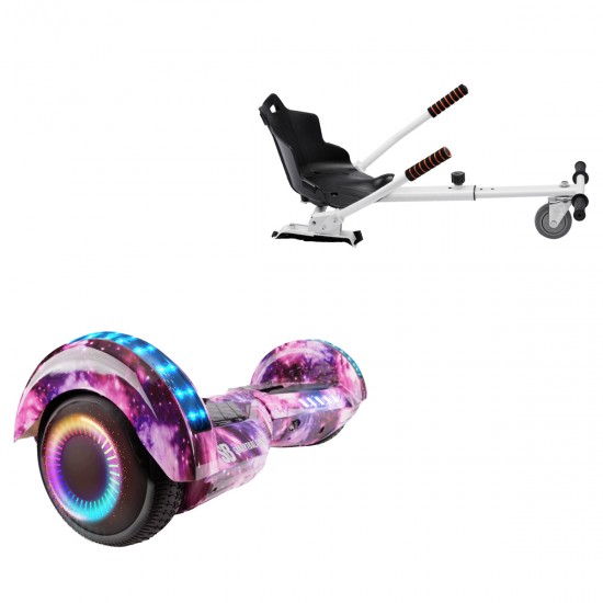 Pachet Hoverboard 6.5 inch cu Scaun Standard, Transformers Galaxy Pink PRO, Autonomie Extinsa si Hoverkart Ergonomic Alb, Smart Balance