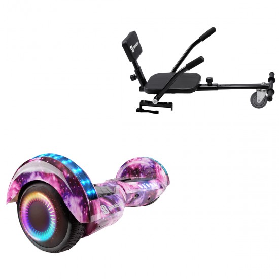 Pachet Hoverboard 6.5 inch cu Scaun Confort, Transformers Galaxy Pink PRO, Autonomie Extinsa si Hoverkart cu Burete Negru, Smart Balance