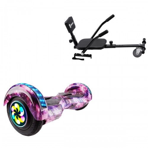 Pachet Hoverboard 8 inch cu Scaun Confort, Transformers Galaxy Pink PRO, Autonomie Extinsa si Hoverkart cu Burete Negru, Smart Balance