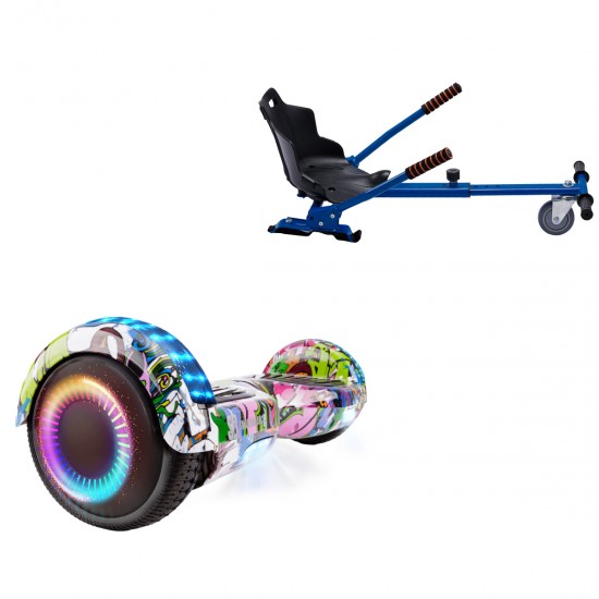 Pachet Hoverboard 6.5 inch cu Scaun Standard, Regular Multicolor PRO, Autonomie Extinsa si Hoverkart Ergonomic Albastru, Smart Balance