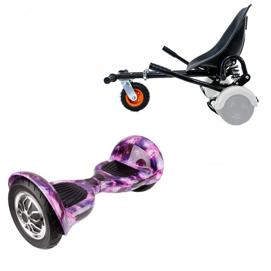 Pachet Hoverboard 10 inch cu Scaun cu Suspensii, Off-Road Galaxy, Autonomie Extinsa si Hoverkart Negru cu Suspensii Duble, Smart Balance