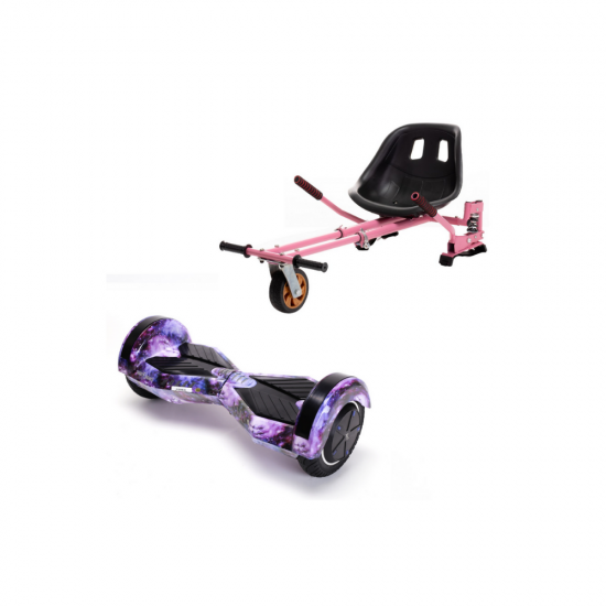 Set Hoverboard cu Scaun, Hoverkart Roz cu Suspensii Duble, Boxe Bluetooth, Lumini LED si Auto Balans, roti 6.5'', 15km Autonomie, Putere 700W, Baterie 4Ah Samsung Cell, Smart Balance Transformers Galaxy