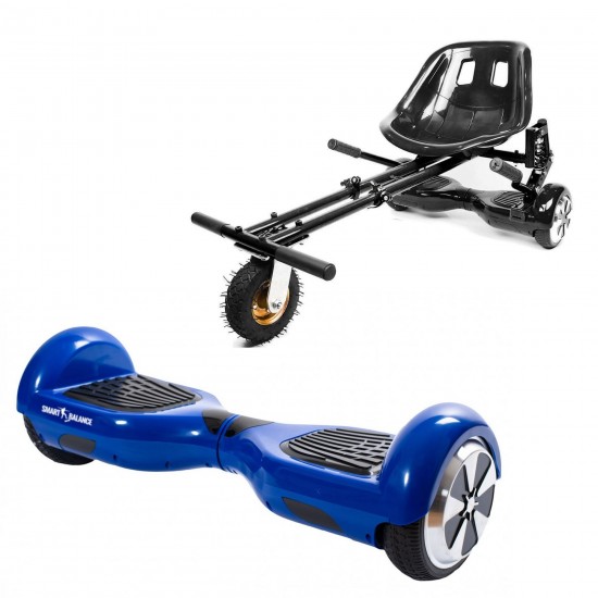 Pachet Hoverboard 6.5 inch cu Scaun cu Suspensii, Regular Blue PowerBoard, Autonomie Extinsa si Hoverkart Negru cu Suspensii Duble, Smart Balance