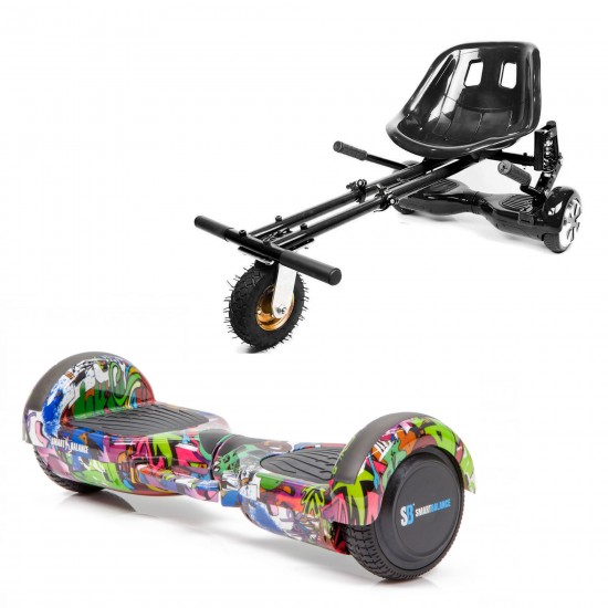 Set Hoverboard cu Scaun, Hoverkart Negru cu Suspensii Duble, Boxe Bluetooth, Lumini LED si Auto Balans, roti 6.5'', 15km Autonomie, Putere 700W, Baterie 4Ah Samsung Cell, Smart Balance Regular Multicolor cu maner