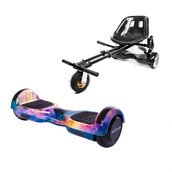 Set Hoverboard cu Scaun, Hoverkart Negru cu Suspensii Duble, Boxe Bluetooth, Lumini LED si Auto Balans, roti 6.5'', 15km Autonomie, Putere 700W, Baterie 4Ah Samsung Cell, Smart Balance Regular Galaxy Orange cu maner