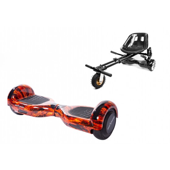 Set Hoverboard cu Scaun, Hoverkart Negru cu Suspensii Duble, Boxe Bluetooth, Lumini LED si Auto Balans, roti 6.5'', 15km Autonomie, Putere 700W, Baterie 4Ah Samsung Cell, Smart Balance Regular Flame