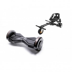Set Hoverboard cu Scaun, Hoverkart Negru cu Suspensii Duble, Boxe Bluetooth, Lumini LED si Auto Balans, roti 6.5'', 15km Autonomie, Putere 700W, Baterie 4Ah Samsung Cell, Smart Balance Transformers Carbon