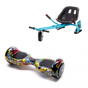 Set Hoverboard cu Scaun, Hoverkart Albastru cu Suspensii Duble, Boxe Bluetooth, Lumini LED si Auto Balans, roti 6.5'', 15km Autonomie, Putere 700W, Baterie 4Ah Samsung Cell, Smart Balance Regular HipHop