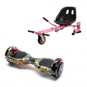 Set Hoverboard cu Scaun, Hoverkart Roz cu Suspensii Duble, Boxe Bluetooth, Lumini LED si Auto Balans, roti 6.5'', 15km Autonomie, Putere 700W, Baterie 4Ah Samsung Cell, Smart Balance Regular HipHop