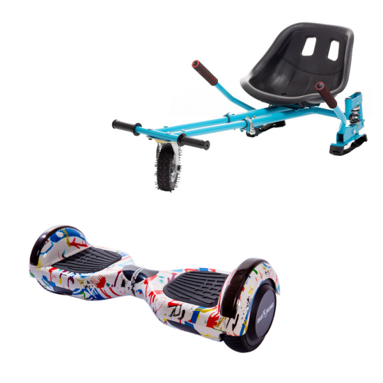 Set Hoverboard cu Scaun, Hoverkart Albastru cu Suspensii Duble, Boxe Bluetooth, Lumini LED si Auto Balans, roti 6.5'', 15km Autonomie, Putere 700W, Baterie 4Ah Samsung Cell, Smart Balance Regular Splash