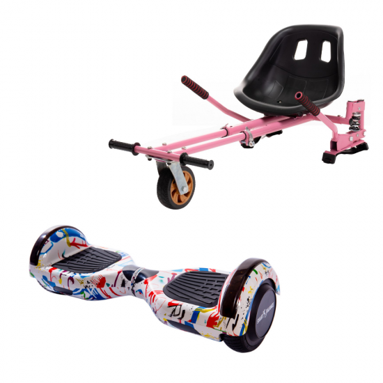 Set Hoverboard cu Scaun, Hoverkart Roz cu Suspensii Duble, Boxe Bluetooth, Lumini LED si Auto Balans, roti 6.5'', 15km Autonomie, Putere 700W, Baterie 4Ah Samsung Cell, Smart Balance Regular Splash