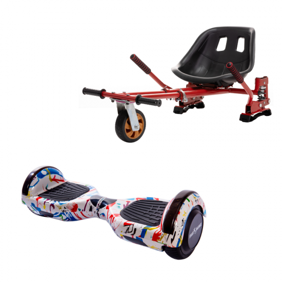 Set Hoverboard cu Scaun, Hoverkart Rosu cu Suspensii Duble, Boxe Bluetooth, Lumini LED si Auto Balans, roti 6.5'', 15km Autonomie, Putere 700W, Baterie 4Ah Samsung Cell, Smart Balance Regular Splash