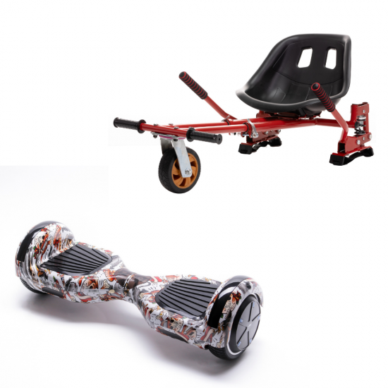 Set Hoverboard cu Scaun, Hoverkart Rosu cu Suspensii Duble, Boxe Bluetooth, Lumini LED si Auto Balans, roti 6.5'', 15km Autonomie, Putere 700W, Baterie 4Ah Samsung Cell, Smart Balance Regular Tattoo