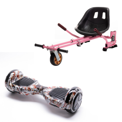 Set Hoverboard cu Scaun, Hoverkart Roz cu Suspensii Duble, Boxe Bluetooth, Lumini LED si Auto Balans, roti 6.5'', 15km Autonomie, Putere 700W, Baterie 4Ah Samsung Cell, Smart Balance Regular Tattoo