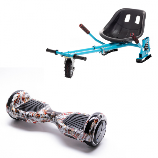 Set Hoverboard cu Scaun, Hoverkart Albastru cu Suspensii Duble, Boxe Bluetooth, Lumini LED si Auto Balans, roti 6.5'', 15km Autonomie, Putere 700W, Baterie 4Ah Samsung Cell, Smart Balance Regular Tattoo