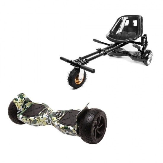 Pachet Hoverboard 8.5 inch cu Scaun cu Suspensii, Hummer Camouflage, Autonomie Extinsa si Hoverkart Negru cu Suspensii Duble, Smart Balance