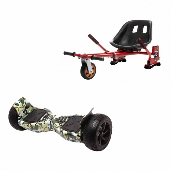 Set Hoverboard All Terrain cu Scaun, Hoverkart Rosu cu Suspensii Duble, Boxe Bluetooth, Lumini LED si Auto Balans, roti 8.5'', 15km Autonomie, Putere 700W, Baterie 4Ah Samsung Cell, Smart Balance Hummer Camouflage