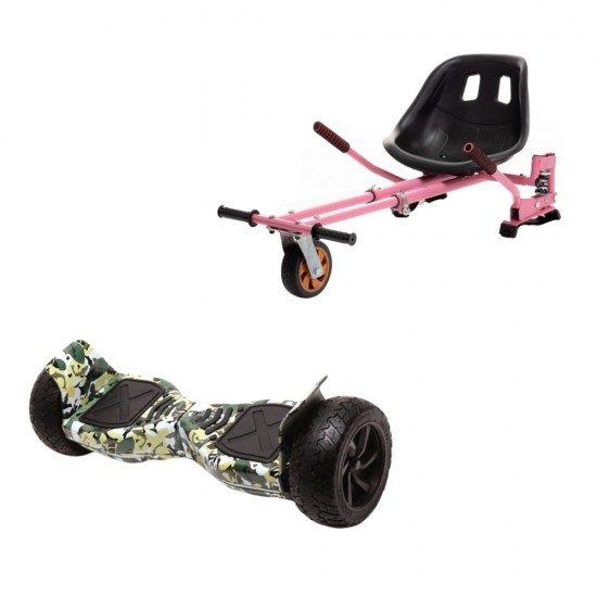 Set Hoverboard All Terrain cu Scaun, Hoverkart Roz cu Suspensii Duble, Boxe Bluetooth, Lumini LED si Auto Balans, roti 8.5'', 15km Autonomie, Putere 700W, Baterie 4Ah Samsung Cell, Smart Balance Hummer Camouflage