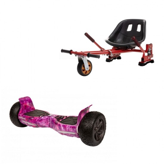 Set Hoverboard All Terrain cu Scaun, Hoverkart Rosu cu Suspensii Duble, Boxe Bluetooth, Lumini LED si Auto Balans, roti 8.5'', 15km Autonomie, Putere 700W, Baterie 4Ah Samsung Cell, Smart Balance Hummer Galaxy Pink