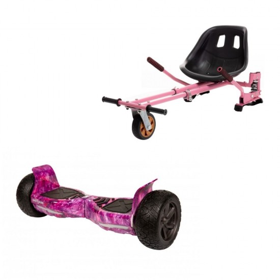 Set Hoverboard All Terrain cu Scaun, Hoverkart Roz cu Suspensii Duble, Boxe Bluetooth, Lumini LED si Auto Balans, roti 8.5'', 15km Autonomie, Putere 700W, Baterie 4Ah Samsung Cell, Smart Balance Hummer Galaxy Pink