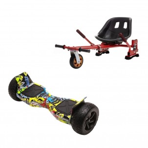 Set Hoverboard All Terrain cu Scaun, Hoverkart Rosu cu Suspensii Duble, Boxe Bluetooth, Lumini LED si Auto Balans, roti 8.5'', 15km Autonomie, Putere 700W, Baterie 4Ah Samsung Cell, Smart Balance Hummer HipHop