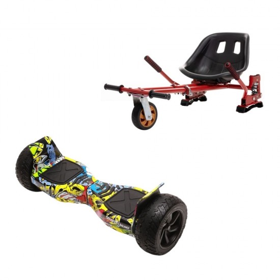 Set Hoverboard All Terrain cu Scaun, Hoverkart Rosu cu Suspensii Duble, Boxe Bluetooth, Lumini LED si Auto Balans, roti 8.5'', 15km Autonomie, Putere 700W, Baterie 4Ah Samsung Cell, Smart Balance Hummer HipHop