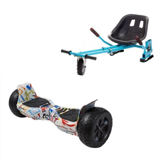 Set Hoverboard All Terrain cu Scaun, Hoverkart Albastru cu Suspensii Duble, Boxe Bluetooth, Lumini LED si Auto Balans, roti 8.5'', 15km Autonomie, Putere 700W, Baterie 4Ah Samsung Cell, Smart Balance Hummer Splash