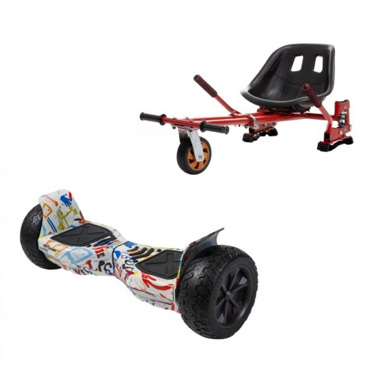 Set Hoverboard All Terrain cu Scaun, Hoverkart Rosu cu Suspensii Duble, Boxe Bluetooth, Lumini LED si Auto Balans, roti 8.5'', 15km Autonomie, Putere 700W, Baterie 4Ah Samsung Cell, Smart Balance Hummer Splash