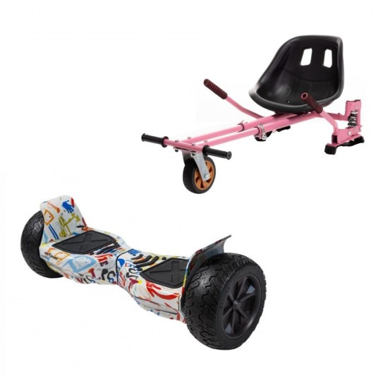 Set Hoverboard All Terrain cu Scaun, Hoverkart Roz cu Suspensii Duble, Boxe Bluetooth, Lumini LED si Auto Balans, roti 8.5'', 15km Autonomie, Putere 700W, Baterie 4Ah Samsung Cell, Smart Balance Hummer Splash