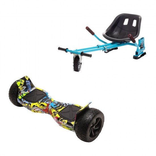 Set Hoverboard All Terrain cu Scaun, Hoverkart Albastru cu Suspensii Duble, Boxe Bluetooth, Lumini LED si Auto Balans, roti 8.5'', 15km Autonomie, Putere 700W, Baterie 4Ah Samsung Cell, Smart Balance Hummer HipHop