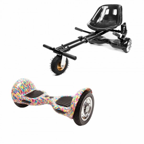 Set Hoverboard OffRoad cu Scaun, Hoverkart Negru cu Suspensii Duble, Boxe Bluetooth, Lumini LED si Auto Balans, roti 10'', 15km Autonomie, Putere 700W, Baterie 4Ah Samsung Cell, Smart Balance OffRoad Abstract