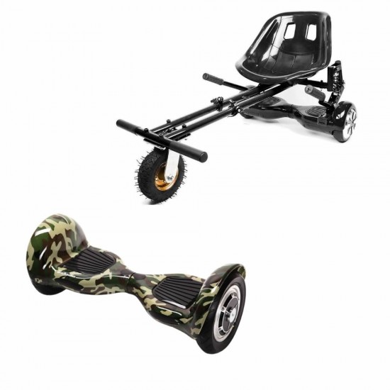 Pachet Hoverboard 10 inch cu Scaun cu Suspensii, Off-Road Camouflage, Autonomie Extinsa si Hoverkart Negru cu Suspensii Duble, Smart Balance