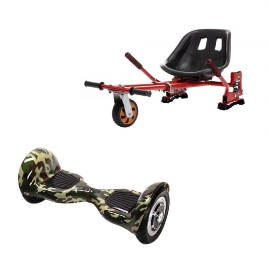 Set Hoverboard OffRoad cu Scaun, Hoverkart Rosu cu Suspensii Duble, Boxe Bluetooth, Lumini LED si Auto Balans, roti 10'', 15km Autonomie, Putere 700W, Baterie 4Ah Samsung Cell, Smart Balance OffRoad Camouflage