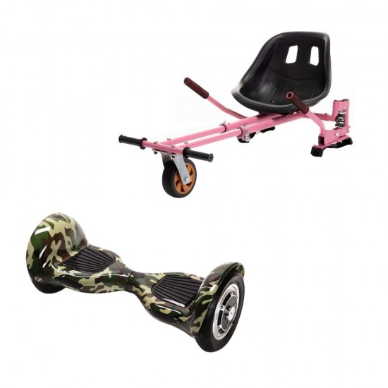 Set Hoverboard OffRoad cu Scaun, Hoverkart Roz cu Suspensii Duble, Boxe Bluetooth, Lumini LED si Auto Balans, roti 10'', 15km Autonomie, Putere 700W, Baterie 4Ah Samsung Cell, Smart Balance OffRoad Camouflage