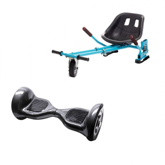 Set Hoverboard OffRoad cu Scaun, Hoverkart Albastru cu Suspensii Duble, Boxe Bluetooth, Lumini LED si Auto Balans, roti 10'', 15km Autonomie, Putere 700W, Baterie 4Ah Samsung Cell, Smart Balance OffRoad Carbon