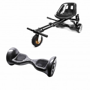 Set Hoverboard OffRoad cu Scaun, Hoverkart Negru cu Suspensii Duble, Boxe Bluetooth, Lumini LED si Auto Balans, roti 10'', 15km Autonomie, Putere 700W, Baterie 4Ah Samsung Cell, Smart Balance OffRoad Carbon