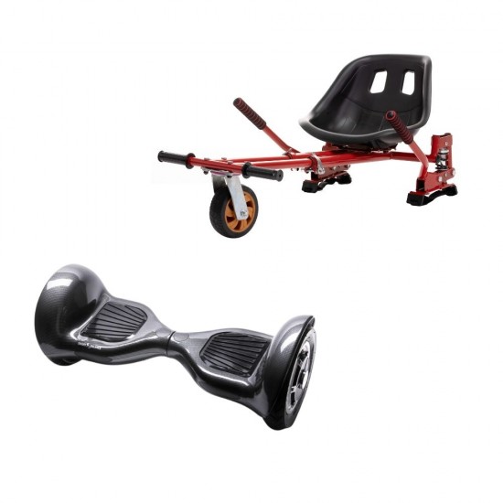 Set Hoverboard OffRoad cu Scaun, Hoverkart Rosu cu Suspensii Duble, Boxe Bluetooth, Lumini LED si Auto Balans, roti 10'', 15km Autonomie, Putere 700W, Baterie 4Ah Samsung Cell, Smart Balance OffRoad Carbon 