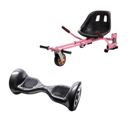 Set Hoverboard OffRoad cu Scaun, Hoverkart Roz cu Suspensii Duble, Boxe Bluetooth, Lumini LED si Auto Balans, roti 10'', 15km Autonomie, Putere 700W, Baterie 4Ah Samsung Cell, Smart Balance OffRoad Carbon