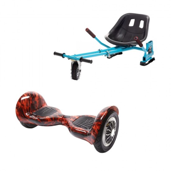 Set Hoverboard OffRoad cu Scaun, Hoverkart Albastru cu Suspensii Duble, Boxe Bluetooth, Lumini LED si Auto Balans, roti 10'', 15km Autonomie, Putere 700W, Baterie 4Ah Samsung Cell, Smart Balance OffRoad Flame