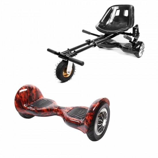 Set Hoverboard OffRoad cu Scaun, Hoverkart Negru cu Suspensii Duble, Boxe Bluetooth, Lumini LED si Auto Balans, roti 10'', 15km Autonomie, Putere 700W, Baterie 4Ah Samsung Cell, Smart Balance OffRoad Flame