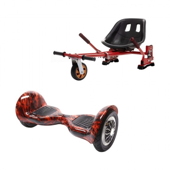 Set Hoverboard OffRoad cu Scaun, Hoverkart Rosu cu Suspensii Duble, Boxe Bluetooth, Lumini LED si Auto Balans, roti 10'', 15km Autonomie, Putere 700W, Baterie 4Ah Samsung Cell, Smart Balance OffRoad Flame 