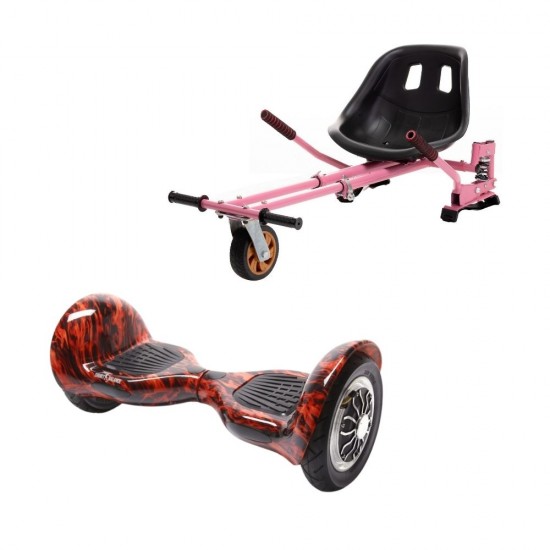 Set Hoverboard OffRoad cu Scaun, Hoverkart Roz cu Suspensii Duble, Boxe Bluetooth, Lumini LED si Auto Balans, roti 10'', 15km Autonomie, Putere 700W, Baterie 4Ah Samsung Cell, Smart Balance OffRoad Flame