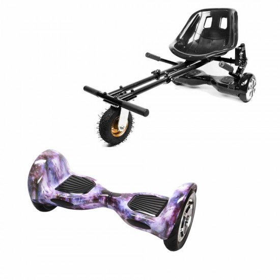 Pachet Hoverboard 10 inch cu Scaun cu Suspensii, Off-Road Galaxy, Autonomie Extinsa si Hoverkart Negru cu Suspensii Duble, Smart Balance