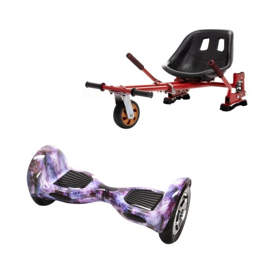 Set Hoverboard OffRoad cu Scaun, Hoverkart Rosu cu Suspensii Duble, Boxe Bluetooth, Lumini LED si Auto Balans, roti 10'', 15km Autonomie, Putere 700W, Baterie 4Ah Samsung Cell, Smart Balance OffRoad Galaxy 