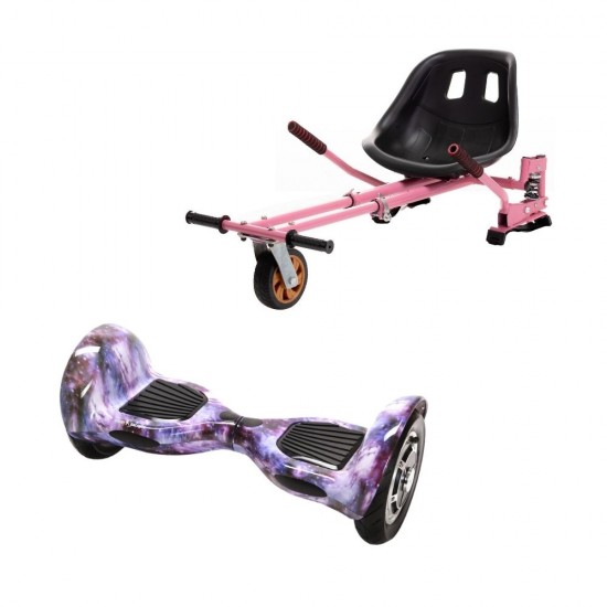 Set Hoverboard OffRoad cu Scaun, Hoverkart Roz cu Suspensii Duble, Boxe Bluetooth, Lumini LED si Auto Balans, roti 10'', 15km Autonomie, Putere 700W, Baterie 4Ah Samsung Cell, Smart Balance OffRoad Galaxy