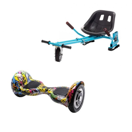 Set Hoverboard OffRoad cu Scaun, Hoverkart Albastru cu Suspensii Duble, Boxe Bluetooth, Lumini LED si Auto Balans, roti 10'', 15km Autonomie, Putere 700W, Baterie 4Ah Samsung Cell, Smart Balance OffRoad HipHop